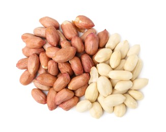 Photo of Pile of fresh peanuts isolated on white, top view