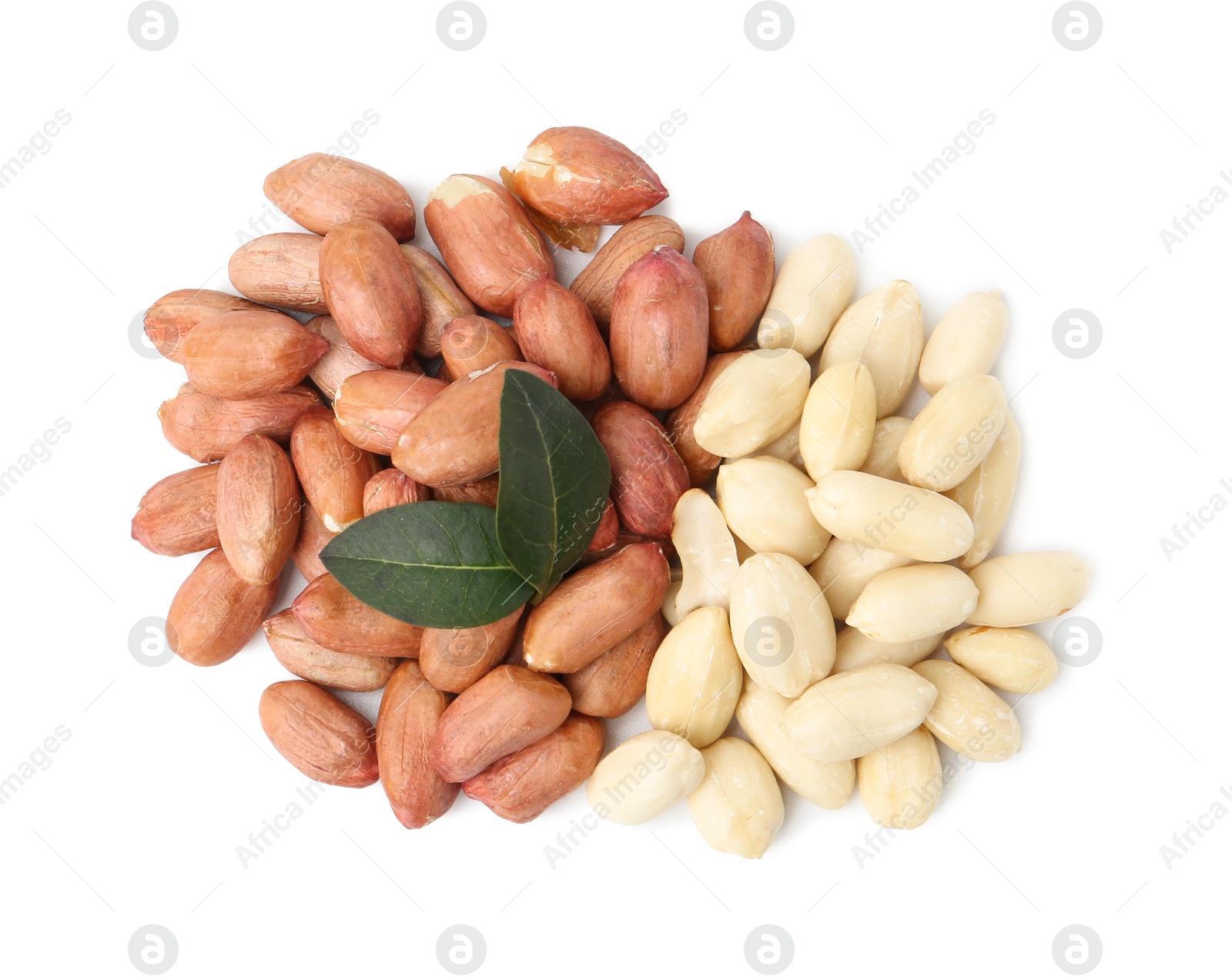 Pile of fresh peanuts and leaves isolated on white, top view Photo of Pile of fresh peanuts and leaves isolated on white, top view