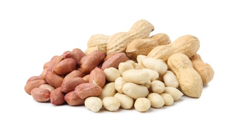 Photo of Pile of different peanuts isolated on white
