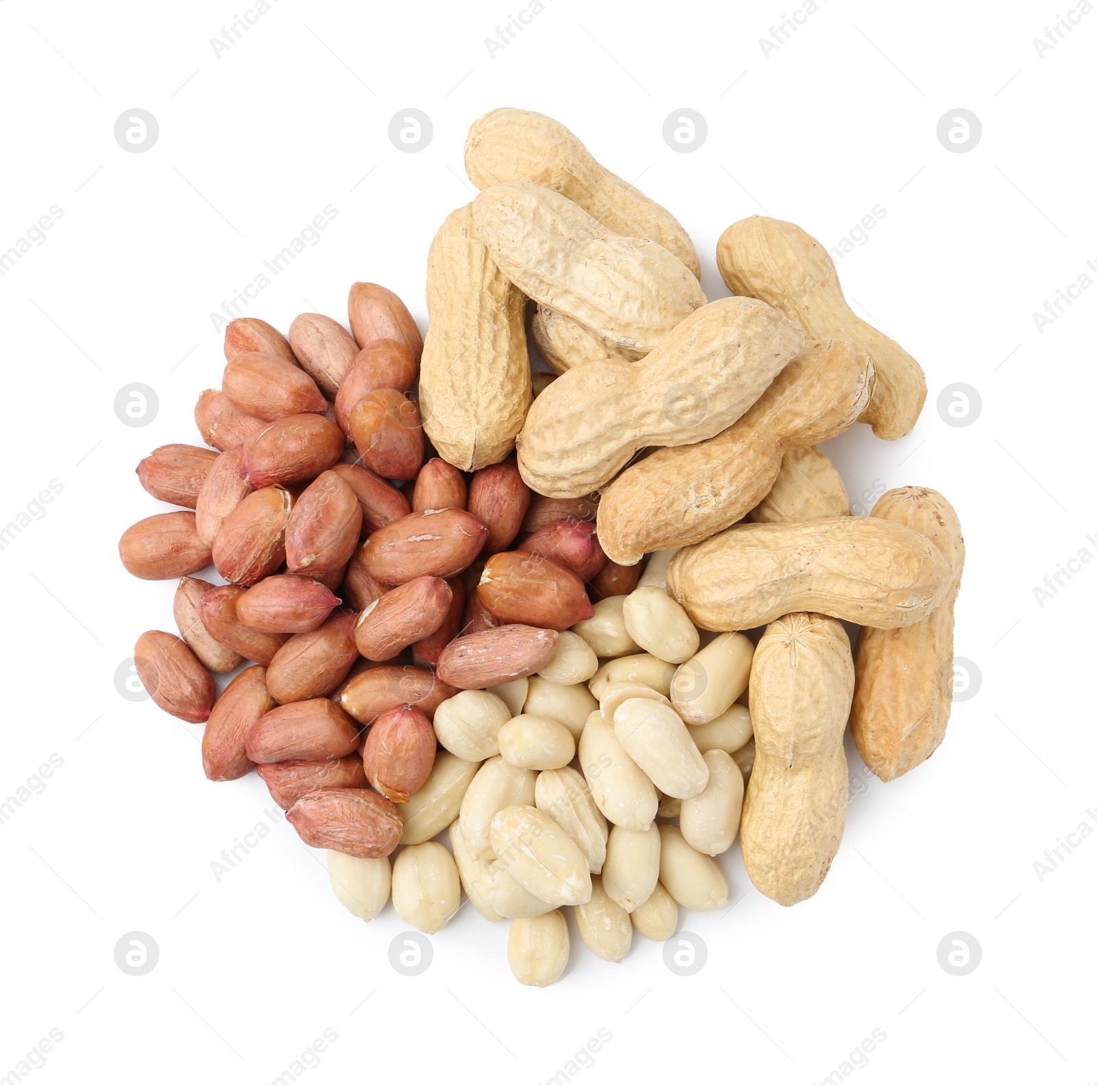Pile of different peanuts isolated on white, top view Photo of Pile of different peanuts isolated on white, top view