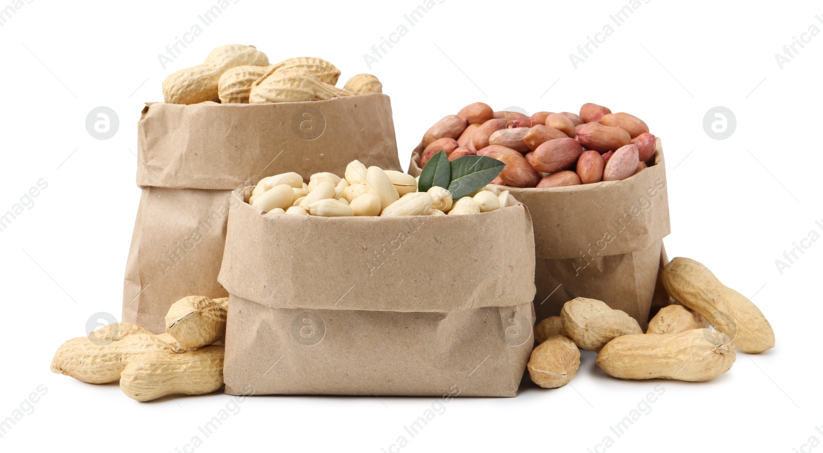 Different peanuts in paper bags isolated on white Photo of Different peanuts in paper bags isolated on white