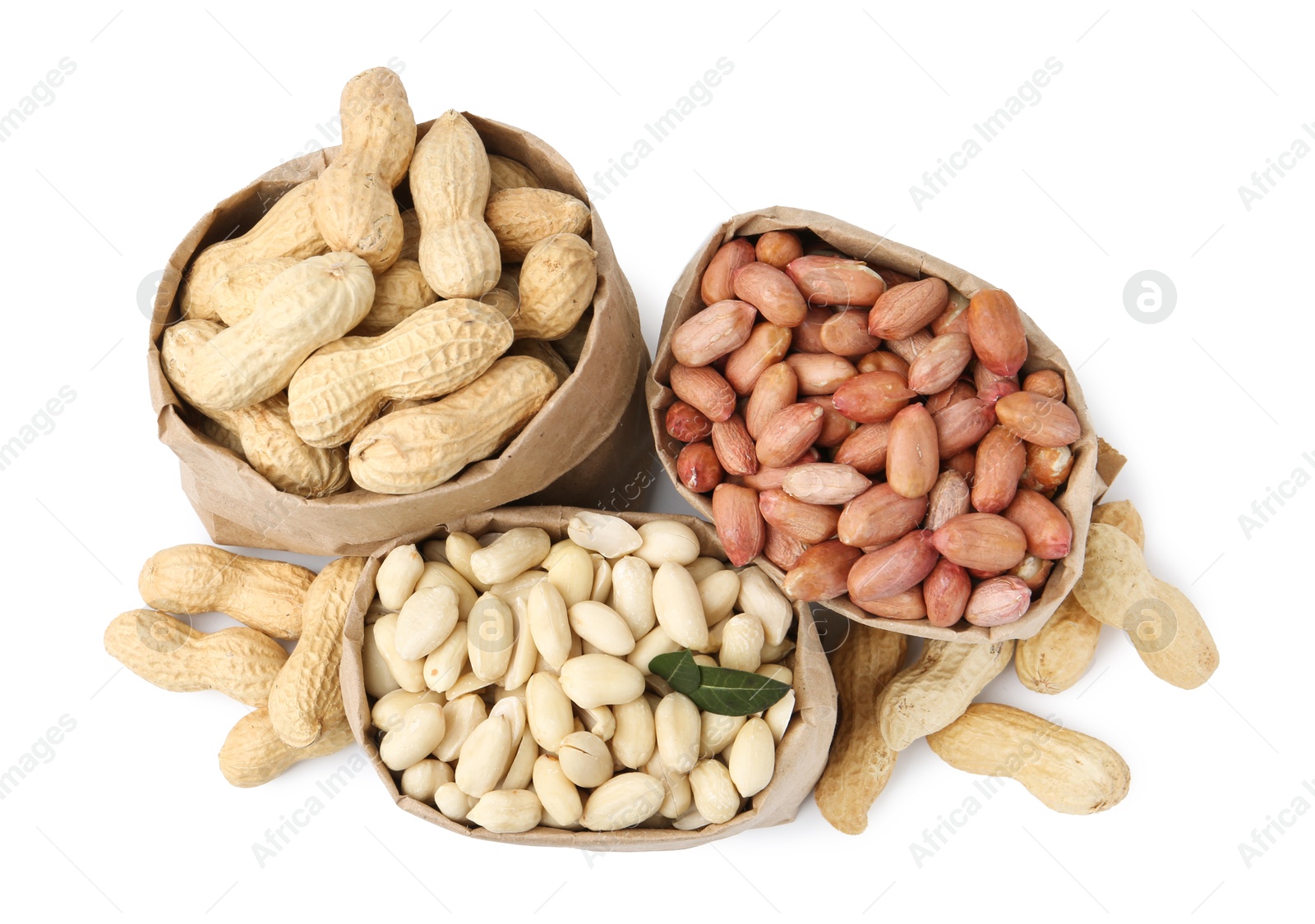 Different peanuts in paper bags isolated on white, top view Photo of Different peanuts in paper bags isolated on white, top view