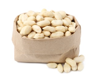 Photo of Peeled peanuts in paper bag isolated on white