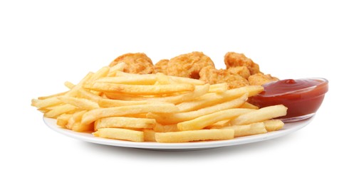 Photo of Tasty chicken nuggets and french fries with sauce isolated on white