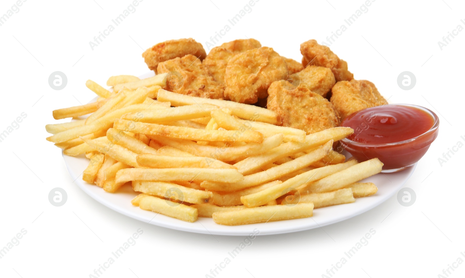 Tasty chicken nuggets and french fries with sauce isolated on white Photo of Tasty chicken nuggets and french fries with sauce isolated on white