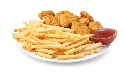 Photo of Tasty chicken nuggets and french fries with sauce isolated on white