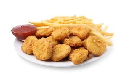 Photo of Tasty chicken nuggets and french fries with sauce isolated on white
