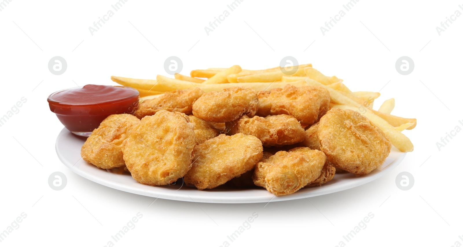 Tasty chicken nuggets and french fries with sauce isolated on white Photo of Tasty chicken nuggets and french fries with sauce isolated on white
