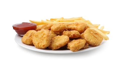 Photo of Tasty chicken nuggets and french fries with sauce isolated on white