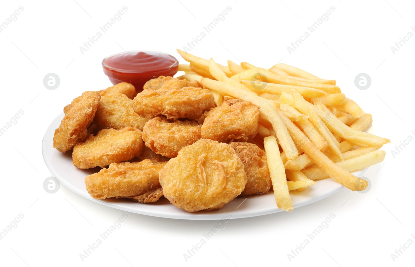 Tasty chicken nuggets and french fries with sauce isolated on white Photo of Tasty chicken nuggets and french fries with sauce isolated on white