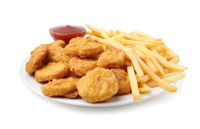 Photo of Tasty chicken nuggets and french fries with sauce isolated on white