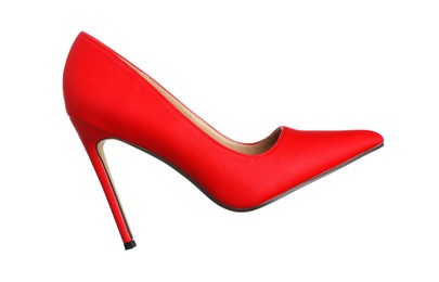 Photo of One red high heeled shoe in air isolated on white