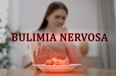 Image of Bulimia nervosa. Young woman suffering from nausea at wooden table indoors, focus on food