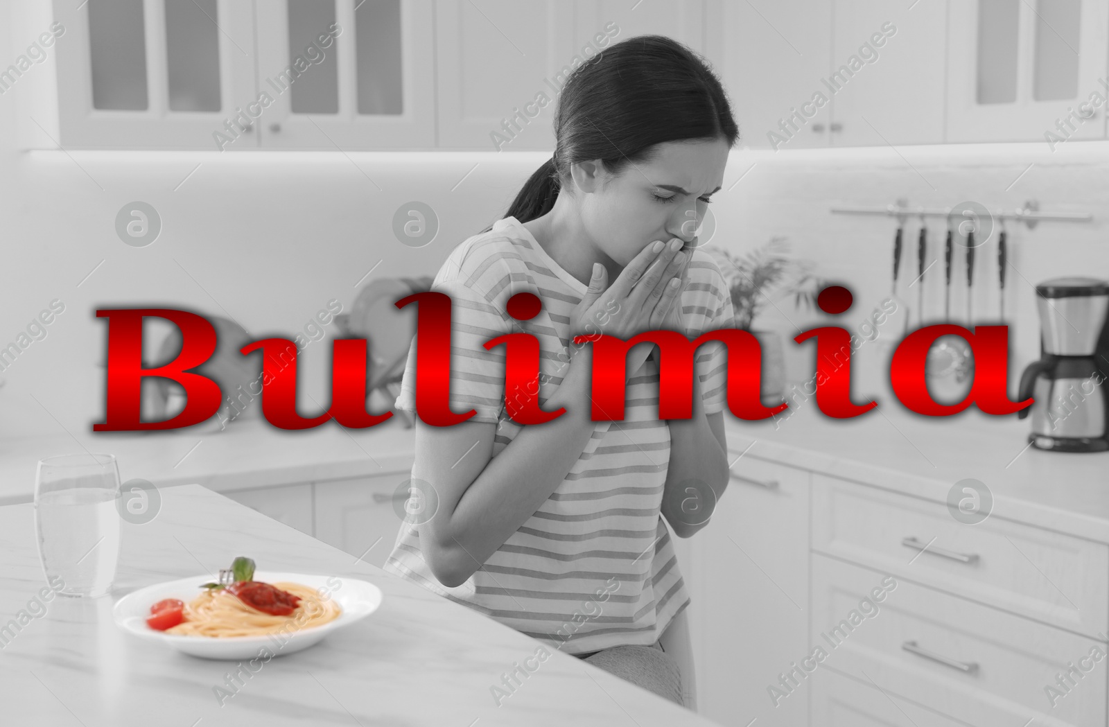 Image of Bulimia nervosa. Young woman feeling nausea while seeing food at table in kitchen, black-and-white effect