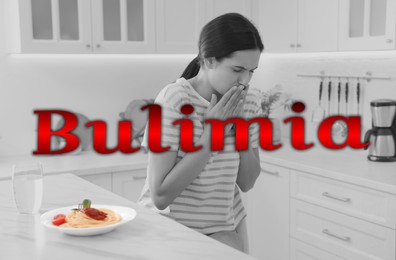 Image of Bulimia nervosa. Young woman feeling nausea while seeing food at table in kitchen, black-and-white effect