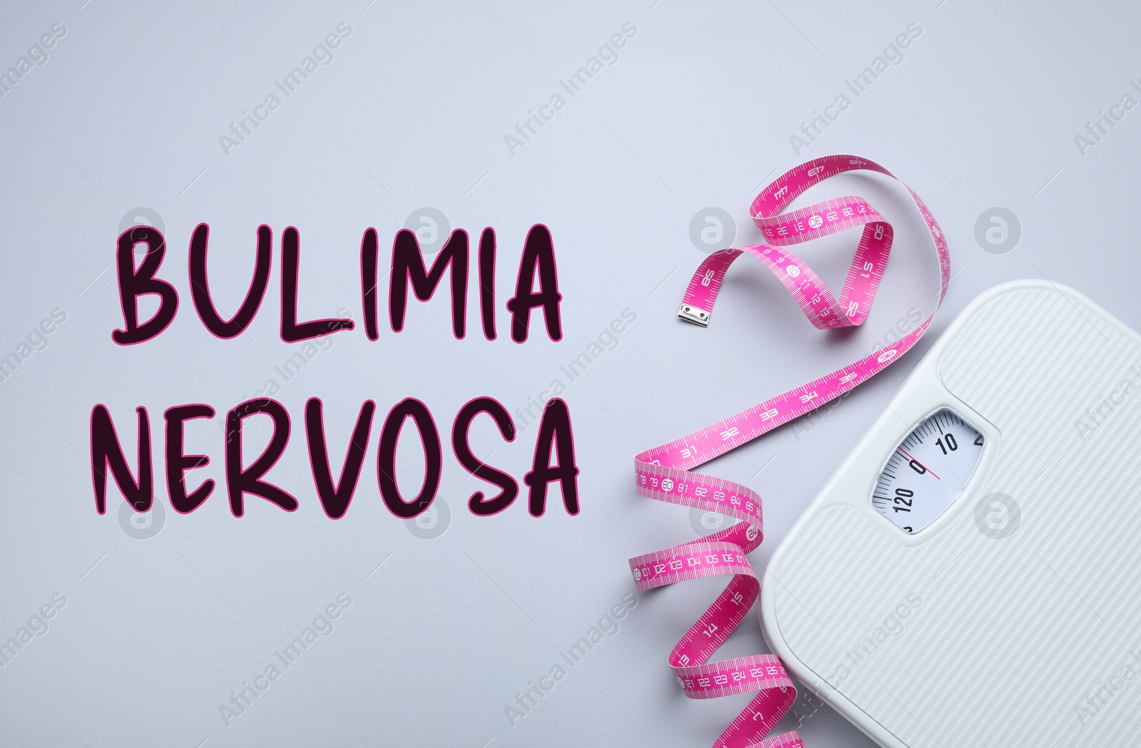 Image of Bulimia nervosa. Scales and measuring tape on light grey background, flat lay