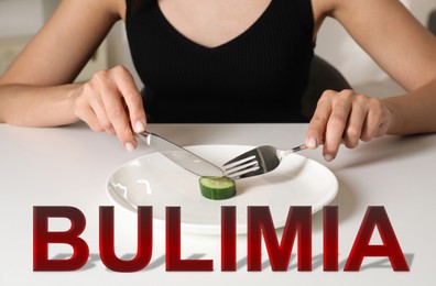 Image of Bulimia nervosa. Woman cutting cucumber at white table indoors, closeup