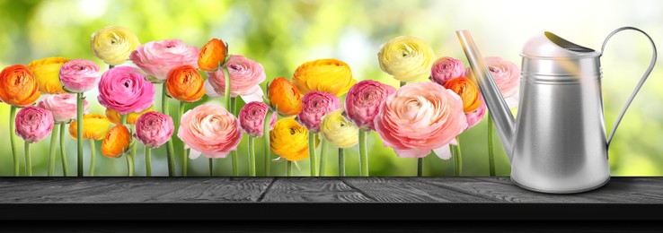 Image of Gardening. Watering can on wooden surface near flowers under sunlight. Banner design