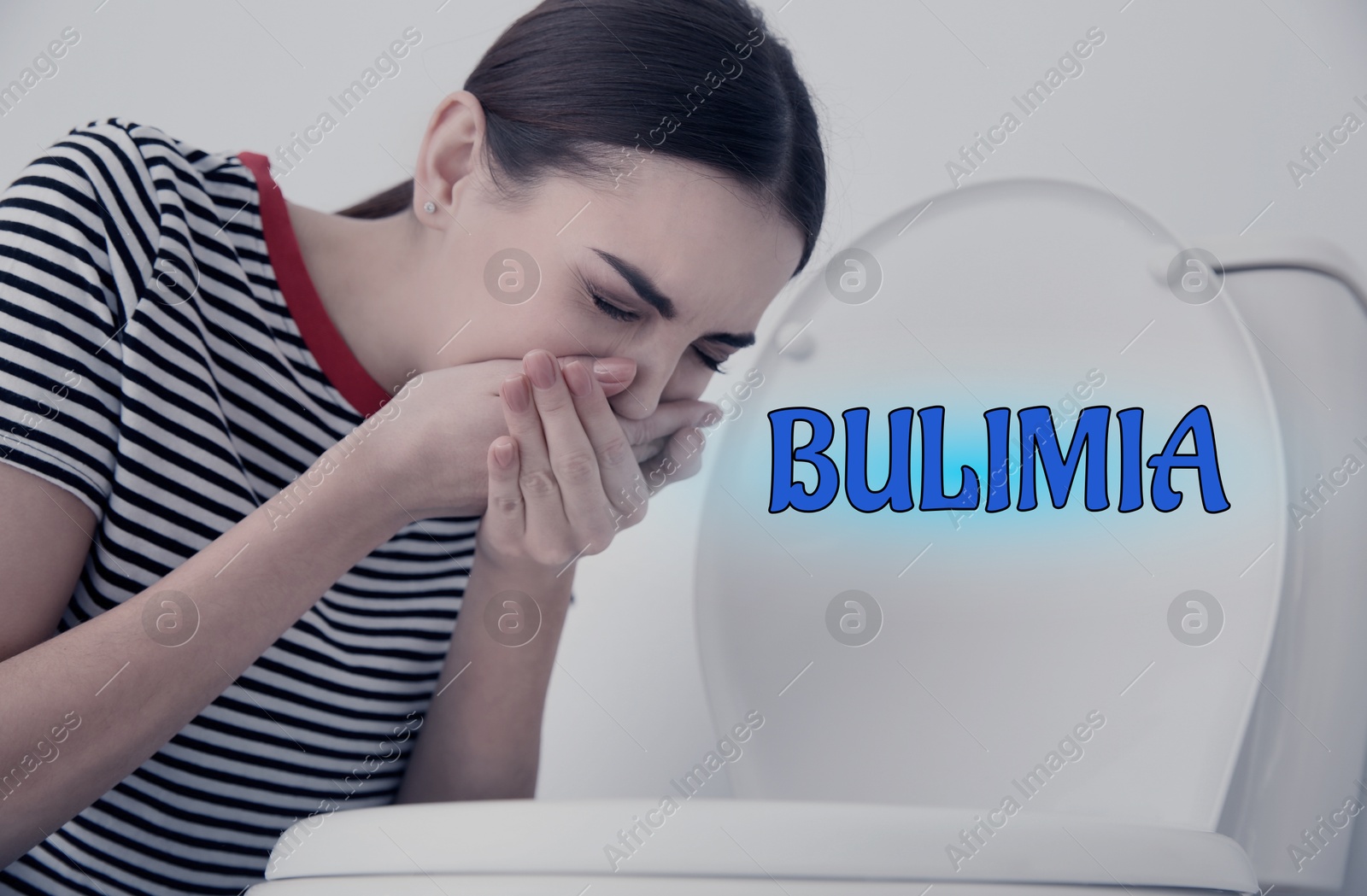 Image of Bulimia nervosa. Young woman suffering from nausea in bathroom