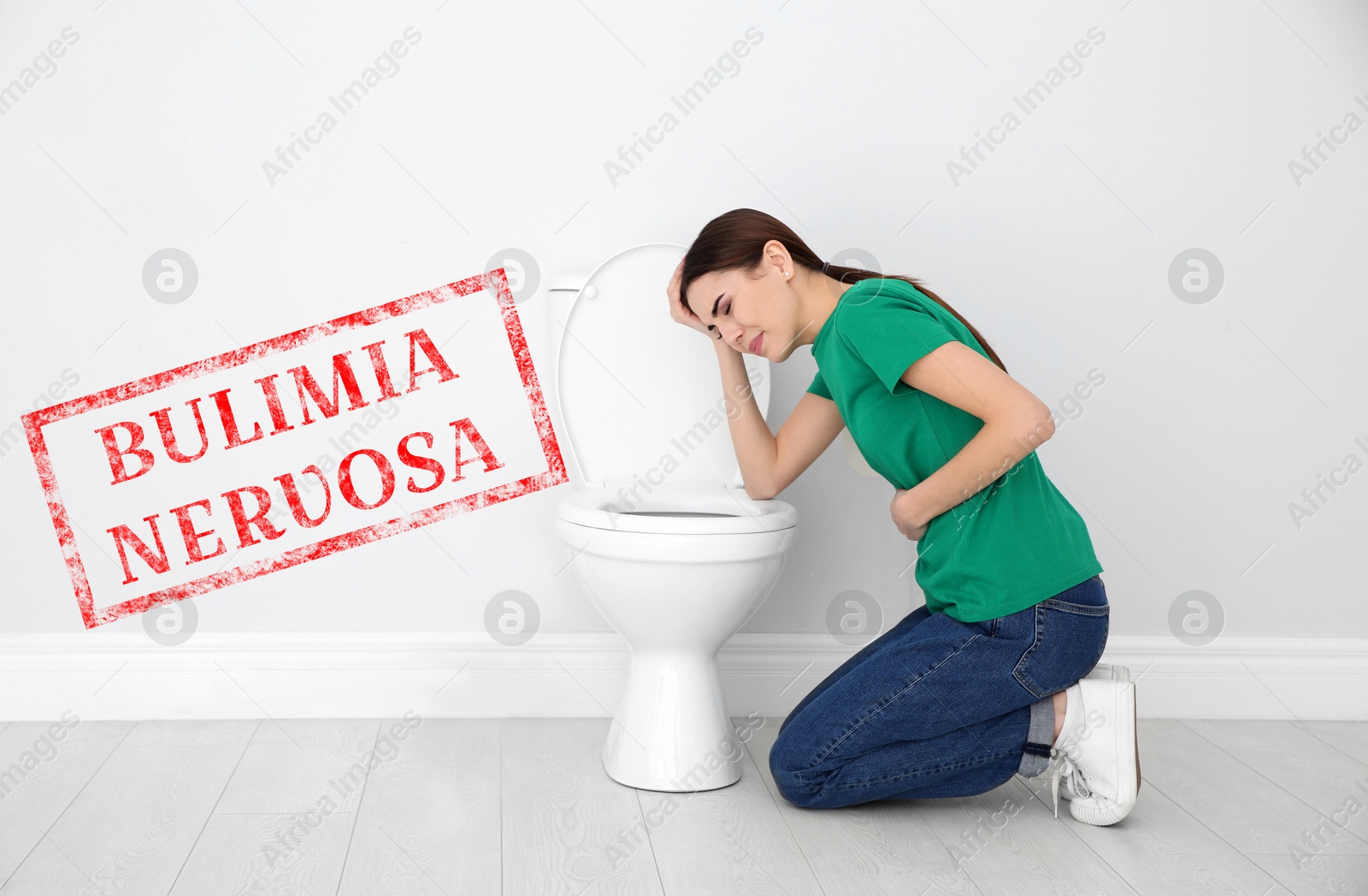 Image of Bulimia nervosa. Young woman suffering from nausea in bathroom