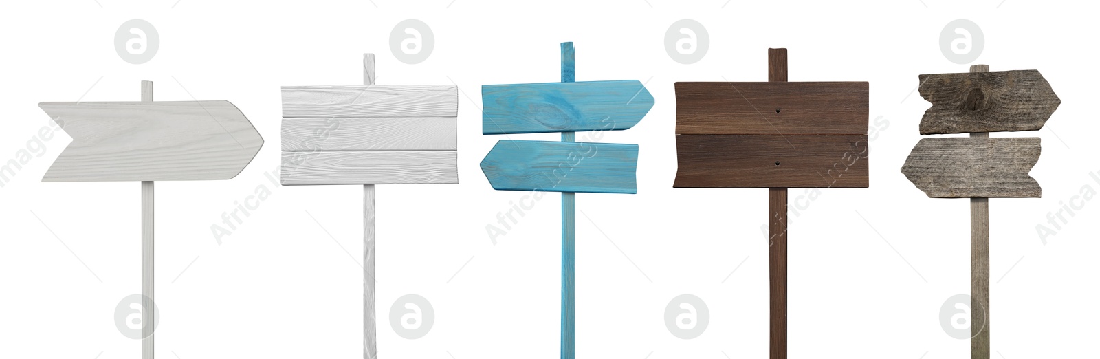 Wooden poles with boards on white background, set Image of Wooden poles with boards on white background, set
