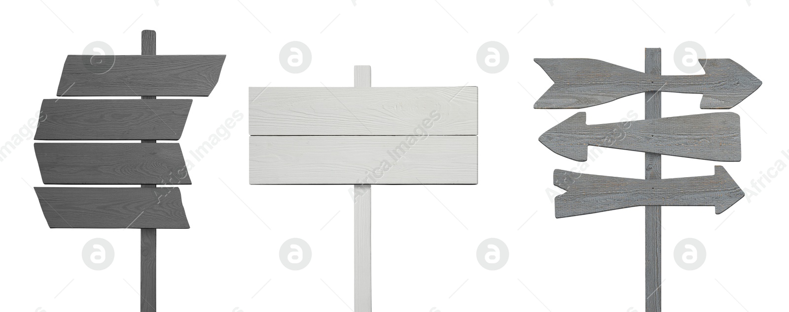 Wooden poles with boards on white background, set Image of Wooden poles with boards on white background, set