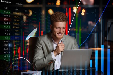 Image of Businessman working in office at night, double exposure with data and graphs. Trading