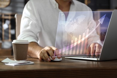 Image of Trading. Businessman working on laptop, closeup. Virtual screen with graph over computer