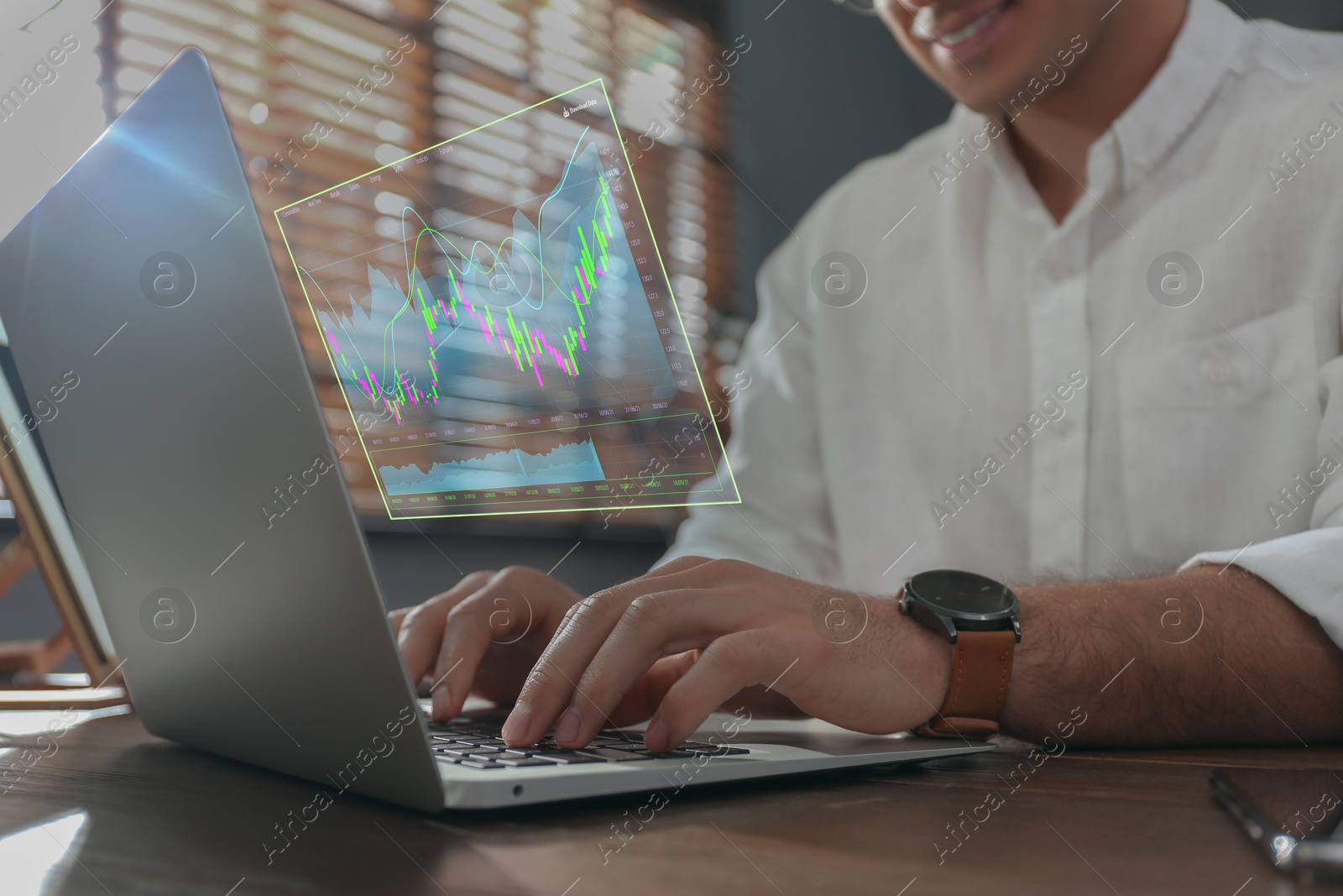 Image of Trading. Businessman working on laptop, closeup. Virtual screen with graph over computer