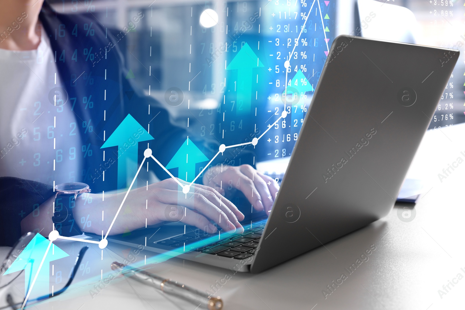 Image of Business woman working in office, double exposure with data and graphs. Trading