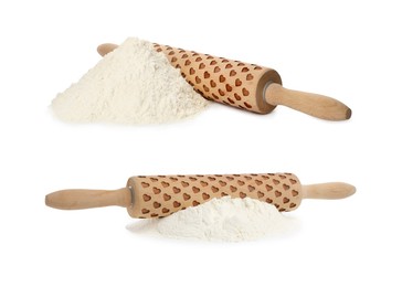 Image of Rolling pin with heart pattern and flour isolated on white