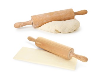 Image of Rolling pin with dough isolated on white, collage