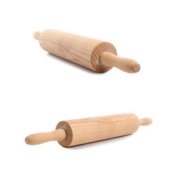 Image of Wooden rolling pin isolated on white, collage