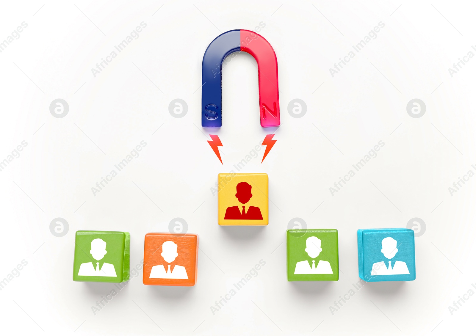 Image of Magnet attracting one of colorful cubes with human figures on light background, top view. Recruitment or customer acquisition