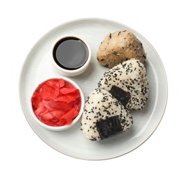 Photo of Rice balls (onigiri), soy sauce and pickled ginger isolated on white, top view. Traditional Japanese dish