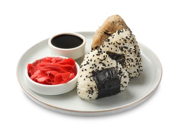 Photo of Rice balls (onigiri), soy sauce and pickled ginger isolated on white. Traditional Japanese dish