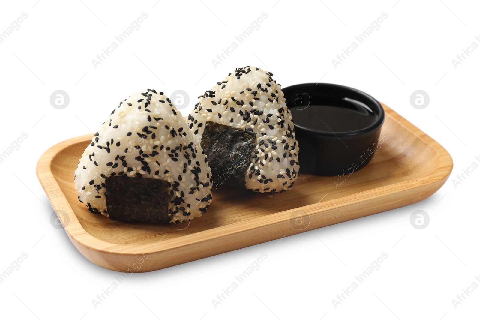 Photo of Rice balls (onigiri) and soy sauce isolated on white. Traditional Japanese dish