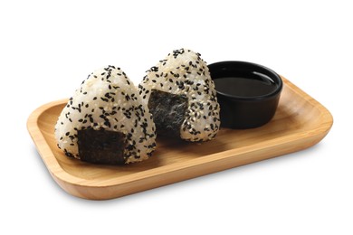 Photo of Rice balls (onigiri) and soy sauce isolated on white. Traditional Japanese dish