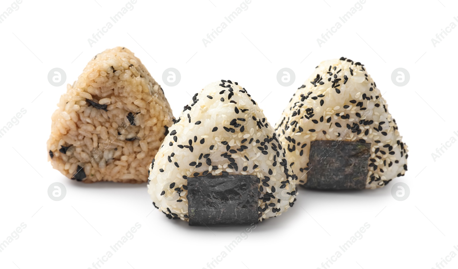 Photo of Rice balls (onigiri) isolated on white. Traditional Japanese dish