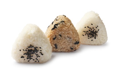 Photo of Rice balls (onigiri) isolated on white. Traditional Japanese dish