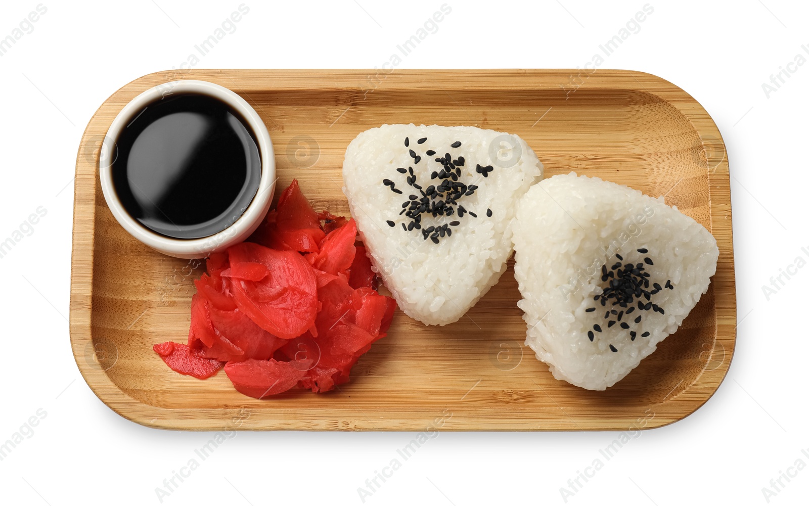 Photo of Rice balls (onigiri), soy sauce and pickled ginger isolated on white, top view. Traditional Japanese dish