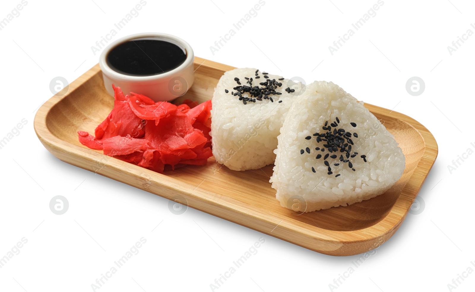 Photo of Rice balls (onigiri), soy sauce and pickled ginger isolated on white. Traditional Japanese dish