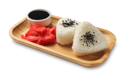 Photo of Rice balls (onigiri), soy sauce and pickled ginger isolated on white. Traditional Japanese dish