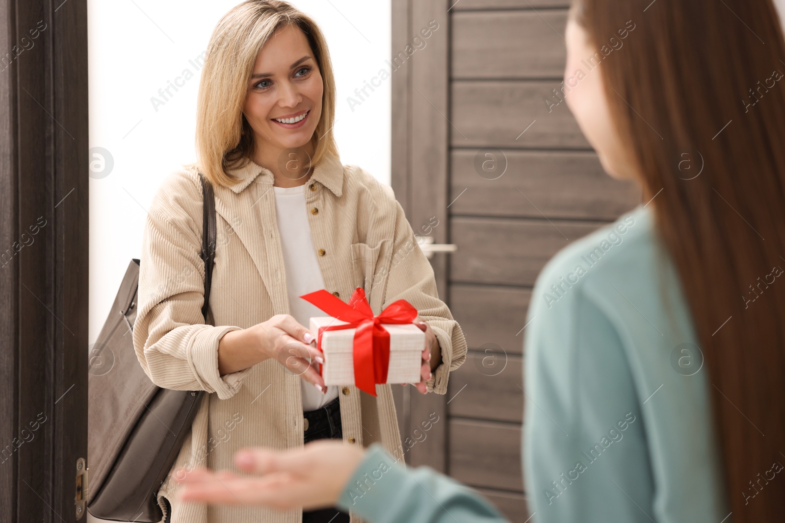 Photo of Woman giving housewarming gift to her friend at new apartment