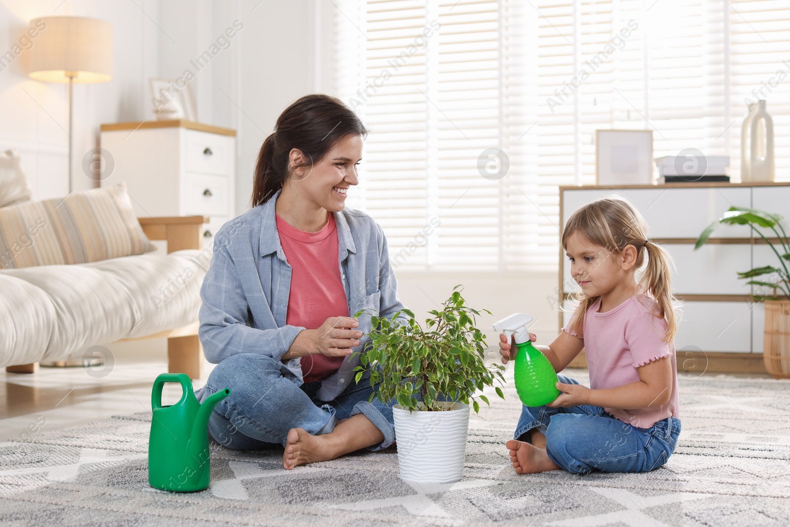 Photo of Cute little girl helping her mother watering houseplant at home