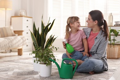 Little helper. Mother and her cute daughter with spray bottle near houseplants at home