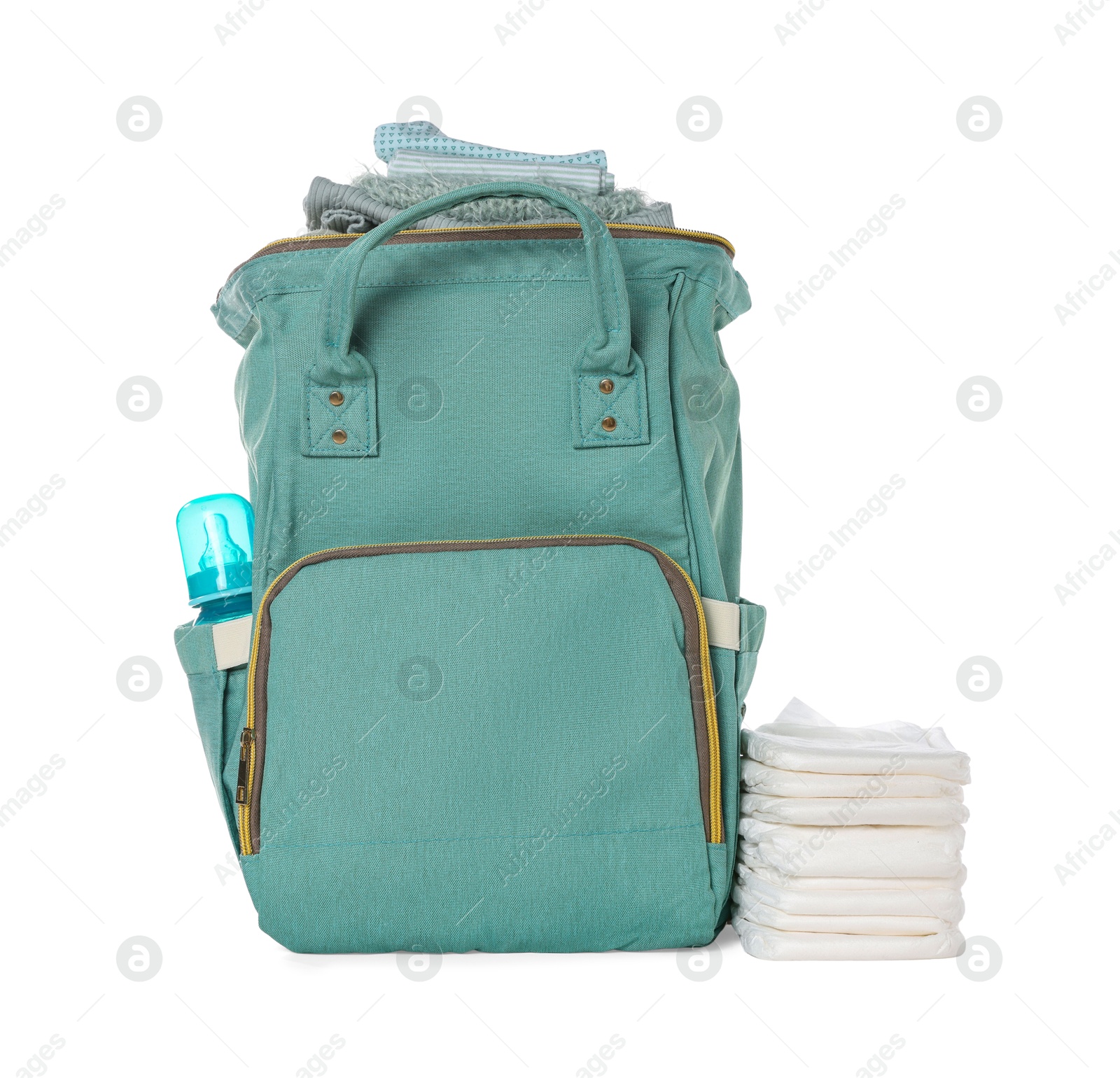 Photo of Mother's bag with baby's stuff isolated on white