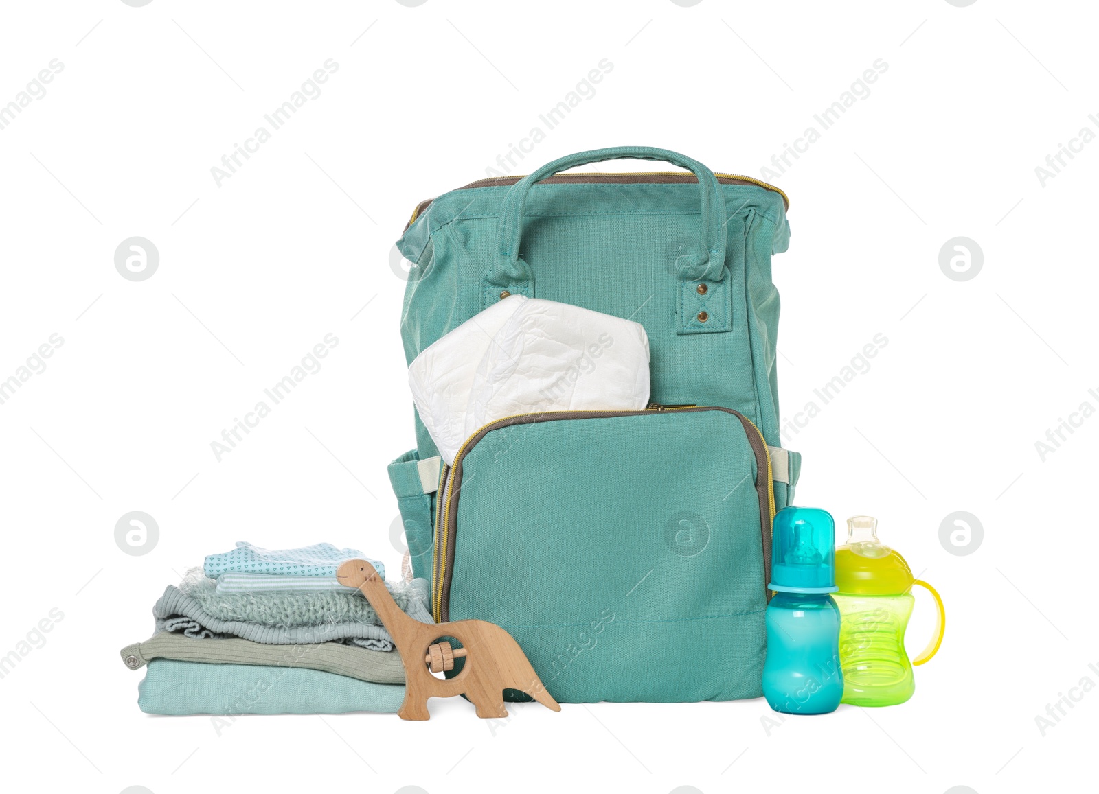 Photo of Mother's bag with baby's stuff isolated on white