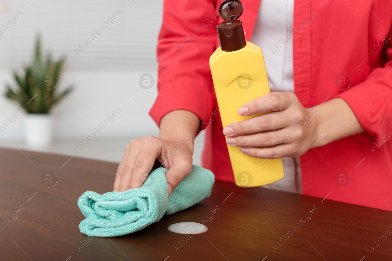 Photo of Woman polishing wooden table at home, closeup