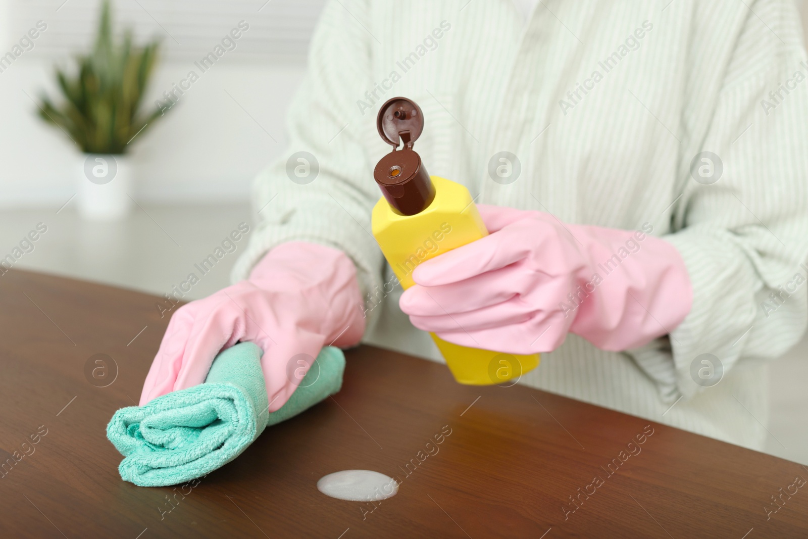 Photo of Woman polishing wooden table at home, closeup